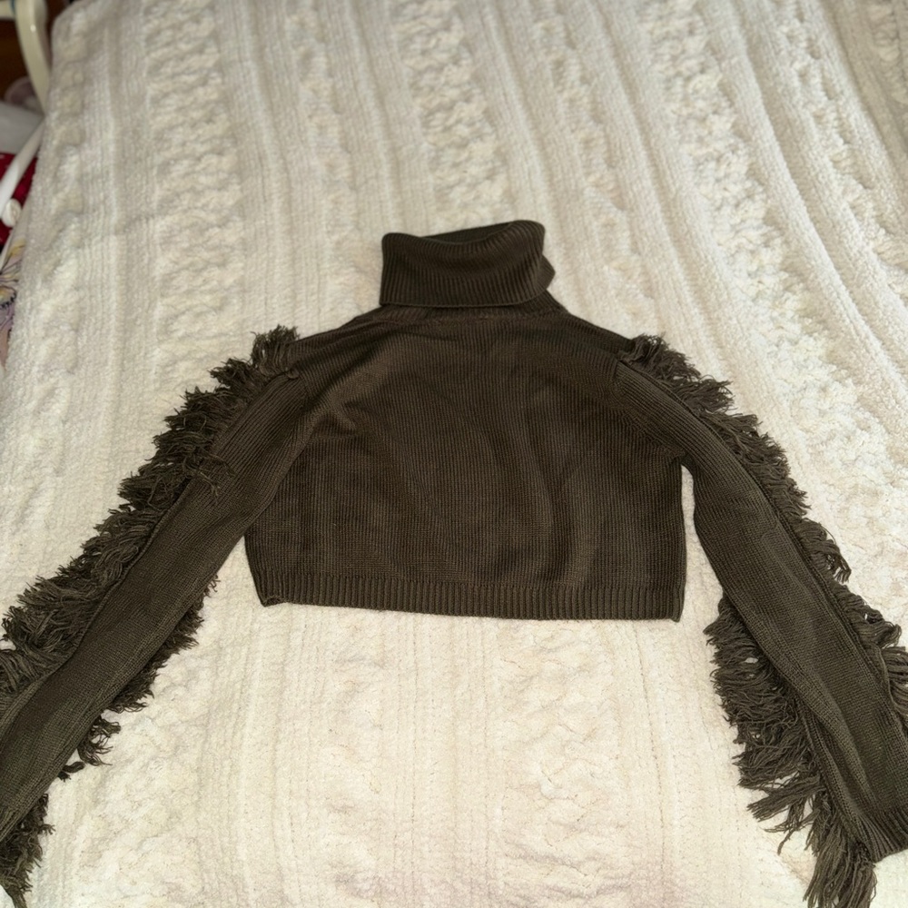 Fringe Sleeve Turtleneck Sweater - Olive